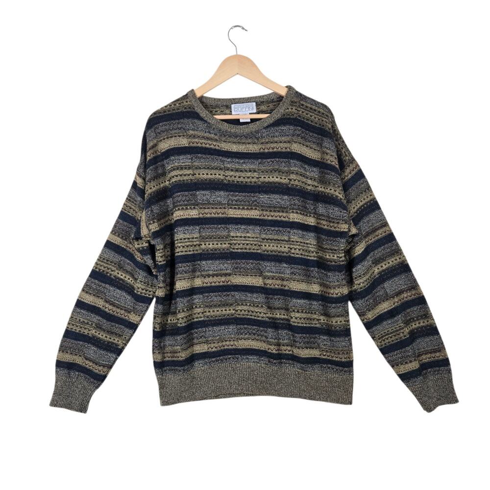 Vintage Gianfranco Ruffini Italy Sweater L Blue Brown Stripe Grandpa Core Knit